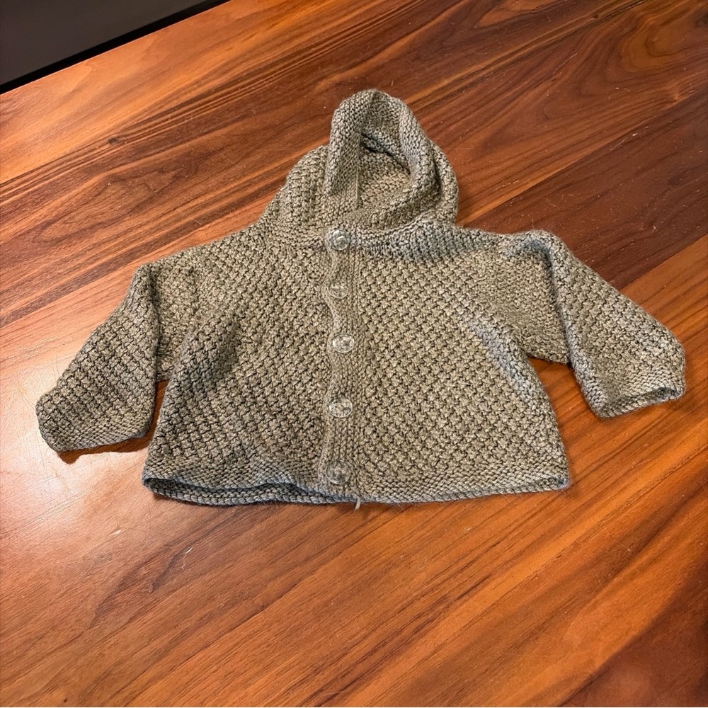 Baby Hand Knit Hooded Sweater Cardigan Soft Taupe Gray Heirloom Quality